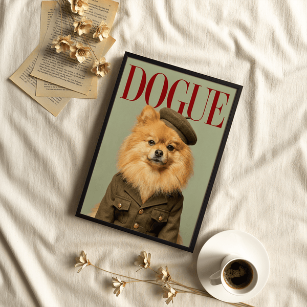 Pomeranian Soldier Art print with beige background, gold buttons for office decor