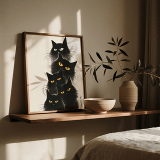 Modern Black Cat Poster for hallway, featuring black and gray hues