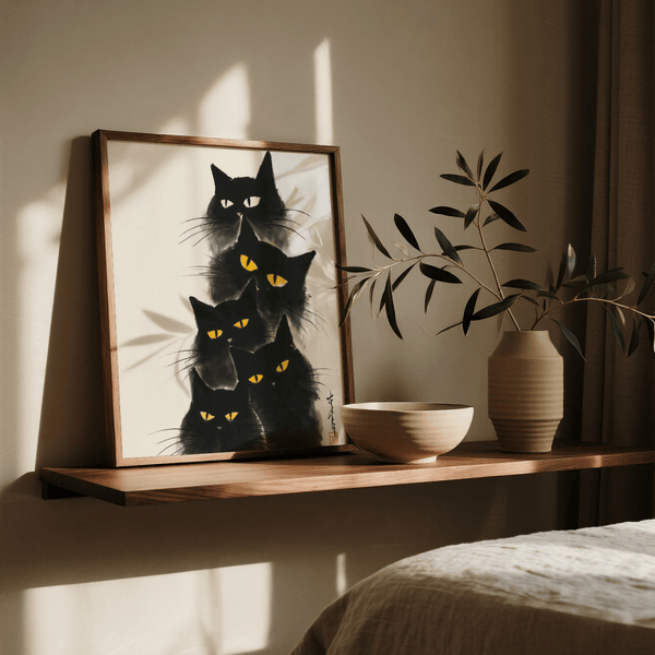 Modern Black Cat Poster for hallway, featuring black and gray hues