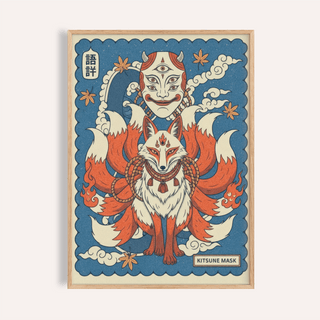 Front view of Kitsune Mask Wall Art showing nine-tailed fox and horned mask