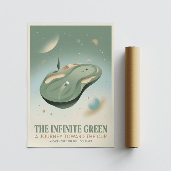 Space themed golf artwork featuring dimpled ball on green