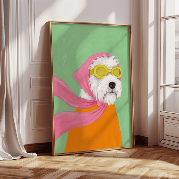 Amusing Funny Pet Poster for kids’ room, featuring dog in Pink and Orange