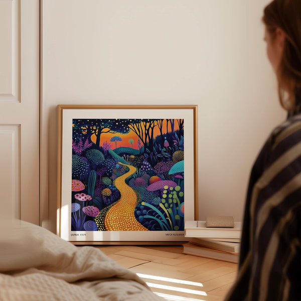 Dreamlike polka dot pop art print with oversized mushrooms