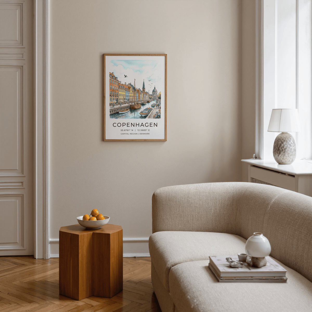 Close-up travel poster print of Copenhagen canal with moored sailboats and waterfront buildings