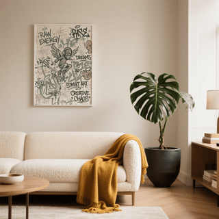 Bold graffiti wall art print showing winged character with headphones and layered tags