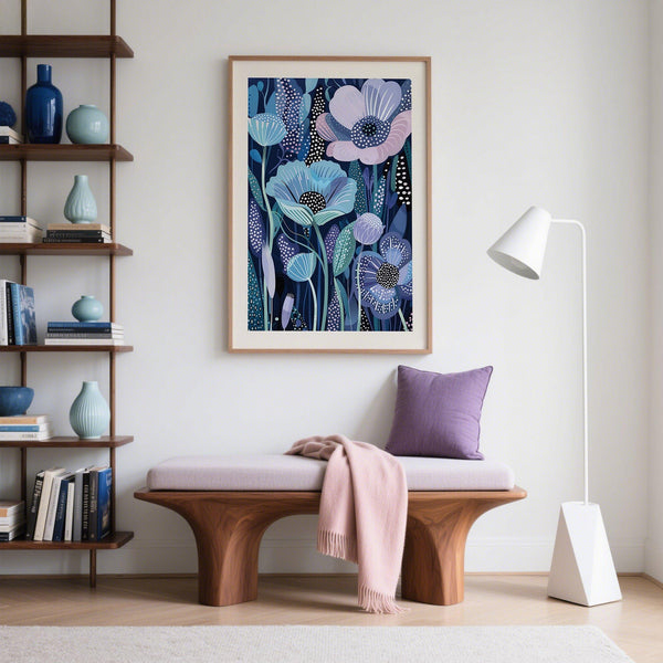 Abstract Blue and Purple Art with teal leaves and soft lavender blooms.