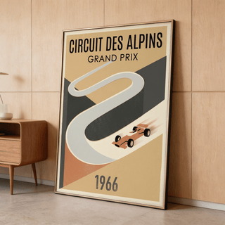 Minimal vintage motorsport wall art print with stylized track curve and 1966 date