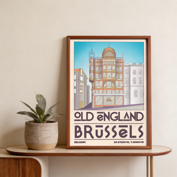 Typography detail poster print with large Brussels lettering and Old England title at bottom