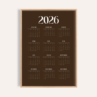 Framed Brown Calendar Print featuring a minimalist 2026 typographic design on brown background