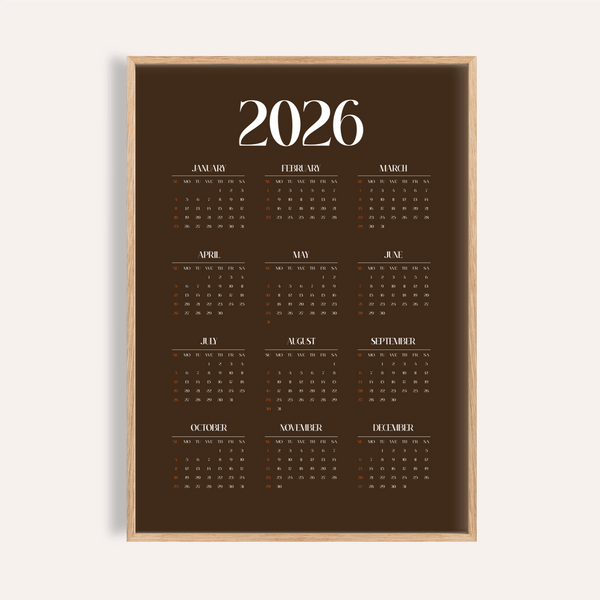 Brown Calendar Print wall art in brown, orange, white for office decor
