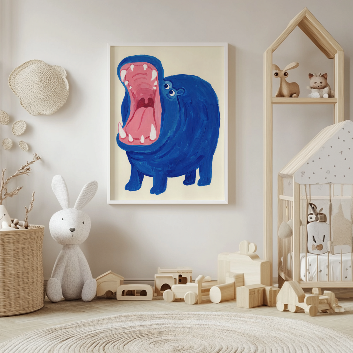 Blue Hippo Art Print on beige background for playful nursery