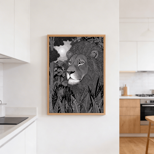 Crisp Black Lion Wall Art print showing a lion in front of trees and leafy undergrowth