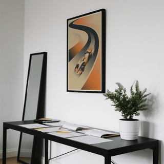 Speed-themed racing print poster with streamlined car silhouette and broad curved track