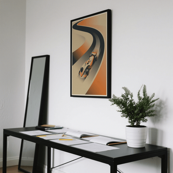 Speed-themed racing print poster with streamlined car silhouette and broad curved track