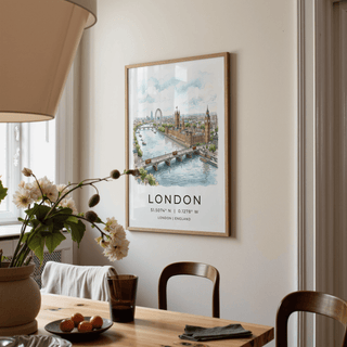 Architectural London wall art print with clock tower and riverside perspective