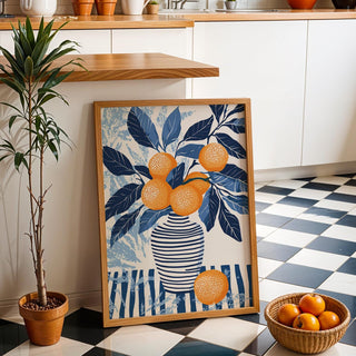 Orange blue wall art featuring fruit and foliage with textured brushstroke background.