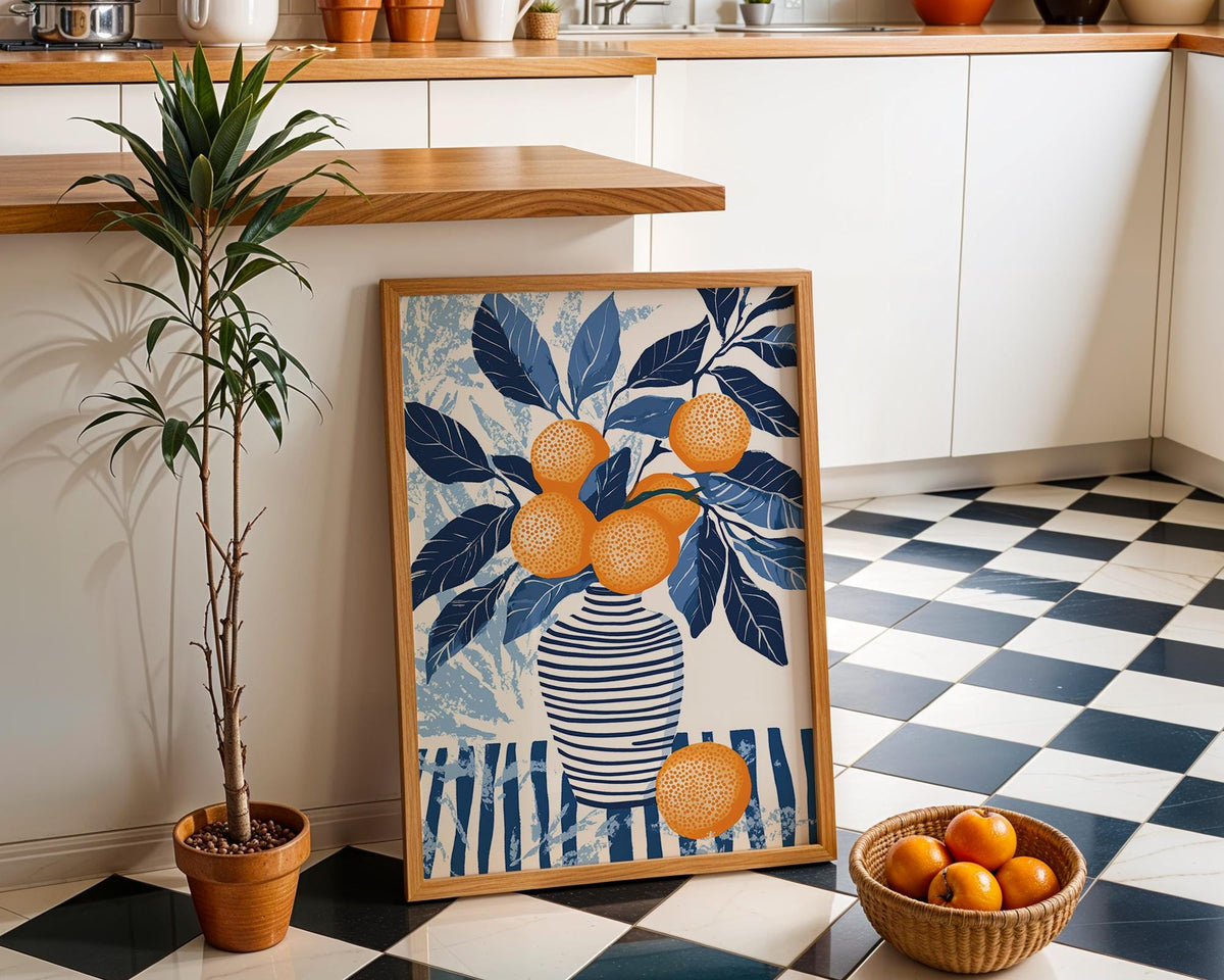 Orange blue wall art featuring fruit and foliage with textured brushstroke background.