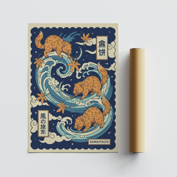 Vertical folklore print with maple leaves drifting across border