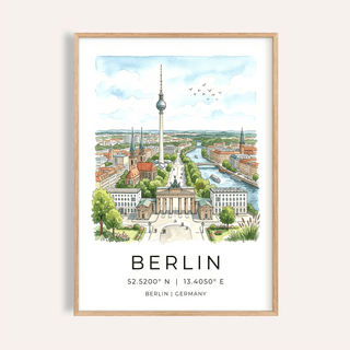 Framed Berlin City Art Print with a colourful watercolour illustration of the Berlin cityscape