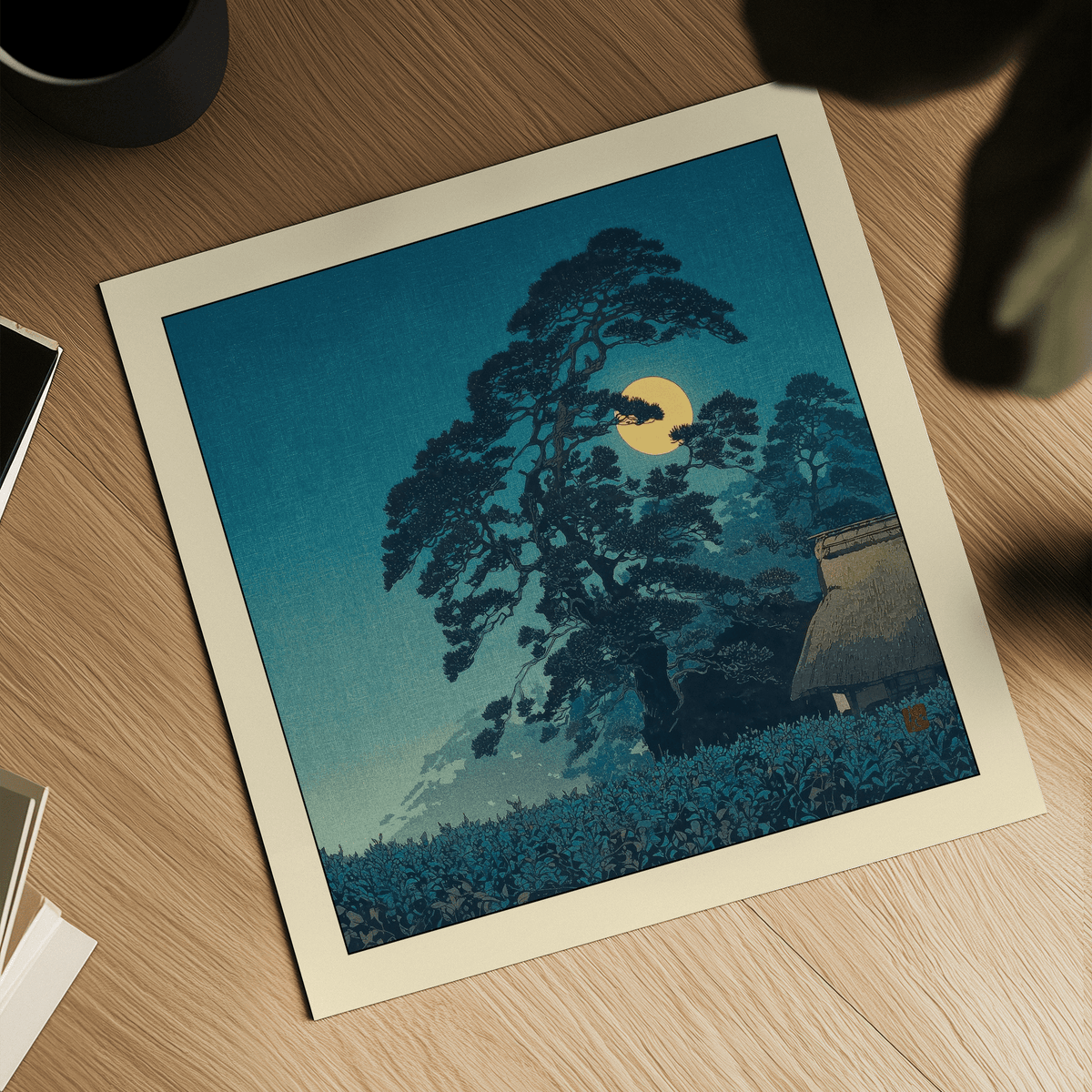 Moonlit landscape poster featuring tranquil roofline and hills