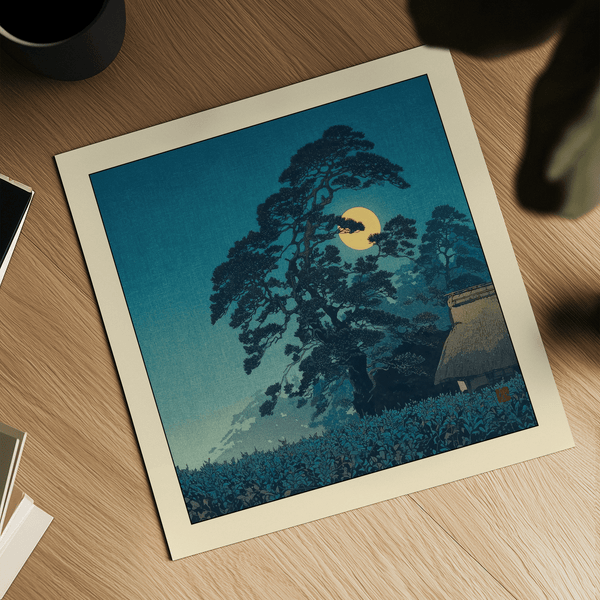 Moonlit landscape poster featuring tranquil roofline and hills