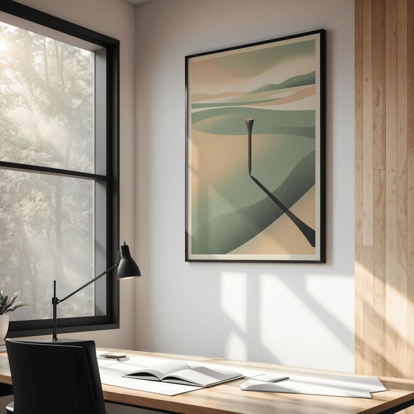 Minimalist Landscape Art Print with muted green, beige, white bands and long shadow