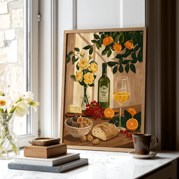 Multicolored Still Life Kitchen Art with yellow and green for dining room print