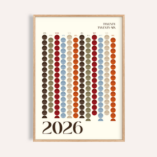 Framed Big Calendar for Wall in a minimalist style with coloured circles for each month in red blue brown and orange