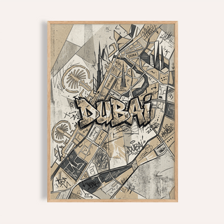 Framed print of Dubai street art map graffiti in beige black and grey tones