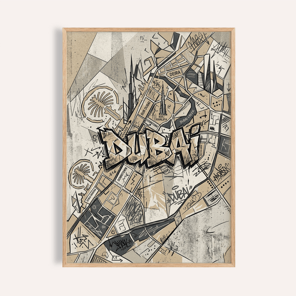 Graphic Dubai Street Art poster with graffiti lettering over a Dubai map layout