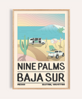 Baja Sur Wall Art travel poster showing cactus, vans, and palm at Nine Palms beach