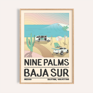 Baja Sur Wall Art travel poster showing cactus, vans, and palm at Nine Palms beach