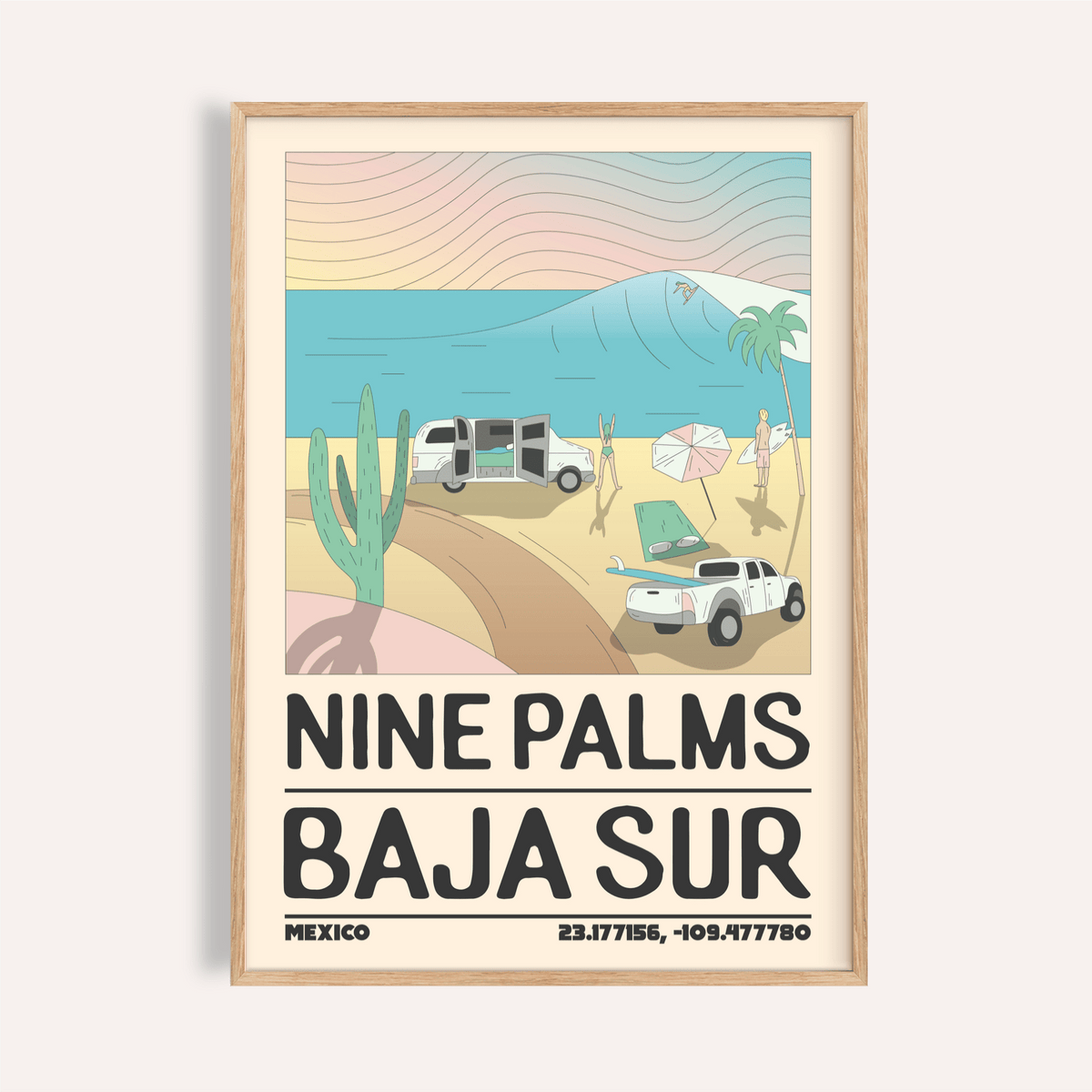 Baja Sur Wall Art travel poster showing cactus, vans, and palm at Nine Palms beach