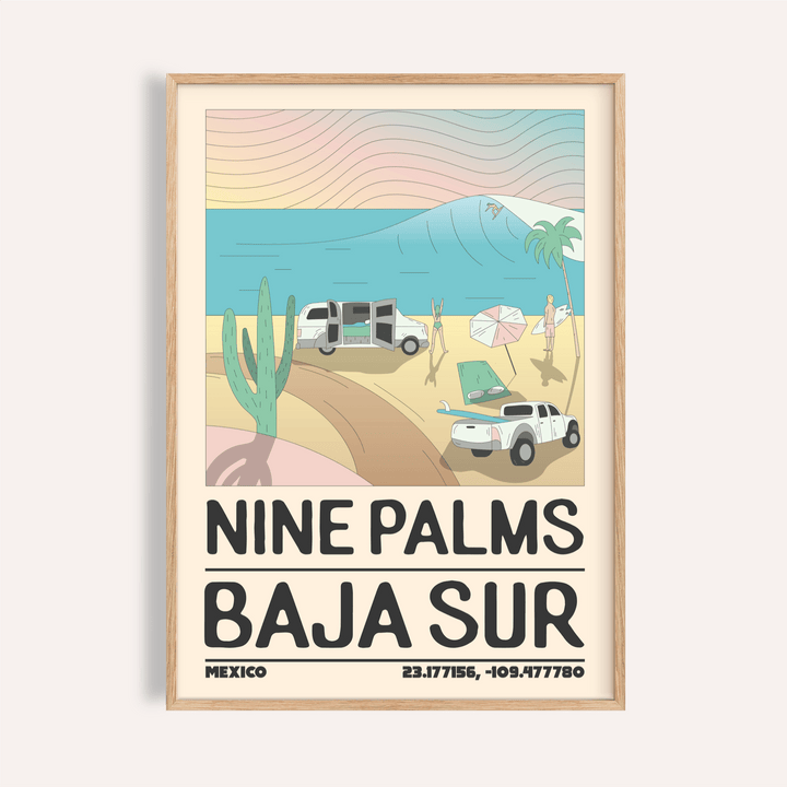 Baja Sur Wall Art travel poster showing cactus, vans, and palm at Nine Palms beach