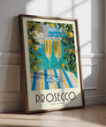 Vintage Italian Poster with prosecco glasses and coastal harbor view