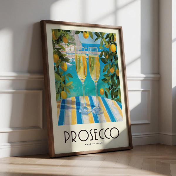 Vintage Italian Poster with prosecco glasses and coastal harbor view