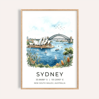 Sydney Watercolor Art Print of Opera House and Harbour Bridge above calm harbor