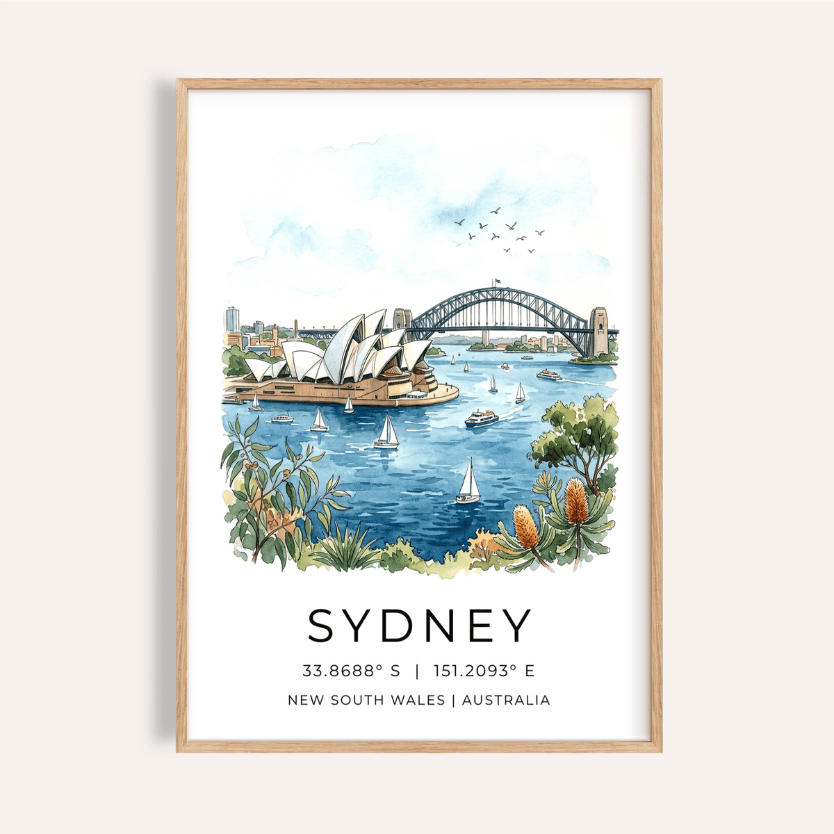 Sydney Watercolor Art Print of Opera House and Harbour Bridge above calm harbor