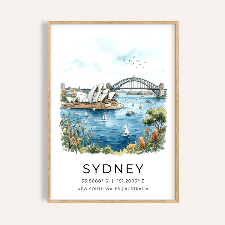 Sydney Watercolor Art Print of Opera House and Harbour Bridge above calm harbor