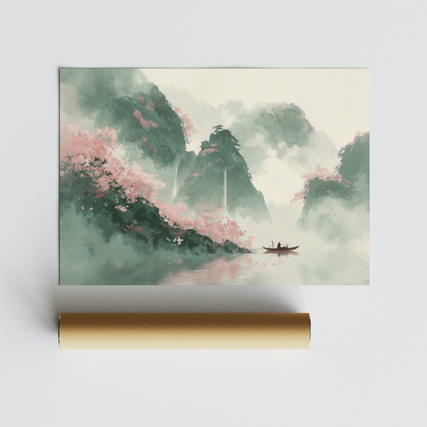 Mountain Landscape Art Print with pink cherry blossoms, suited for nursery wall art