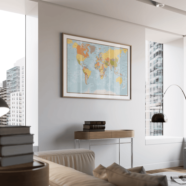 Modern World Map Print featuring Multicolored countries for study decor
