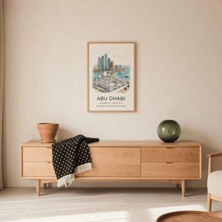 Multicolored poster of Middle Eastern architecture against modern towers