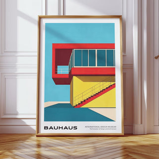 Art mid century modern print featuring Bauhaus staircase in red and yellow.