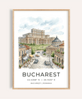 Bucharest Cityscape Art Print poster illustration with palace skyline and cobblestone street