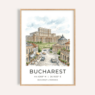 Framed Bucharest Cityscape Art Print of Palace of the Parliament illustration with soft watercolour tones