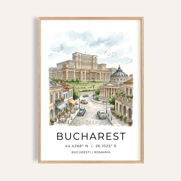 Bucharest Cityscape Art Print poster illustration with palace skyline and cobblestone street