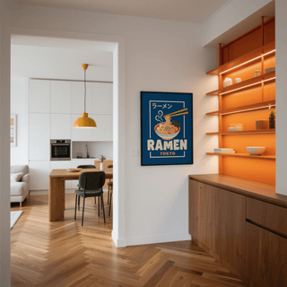 Ramen Poster with chopsticks, blue, pink detail, kitchen print