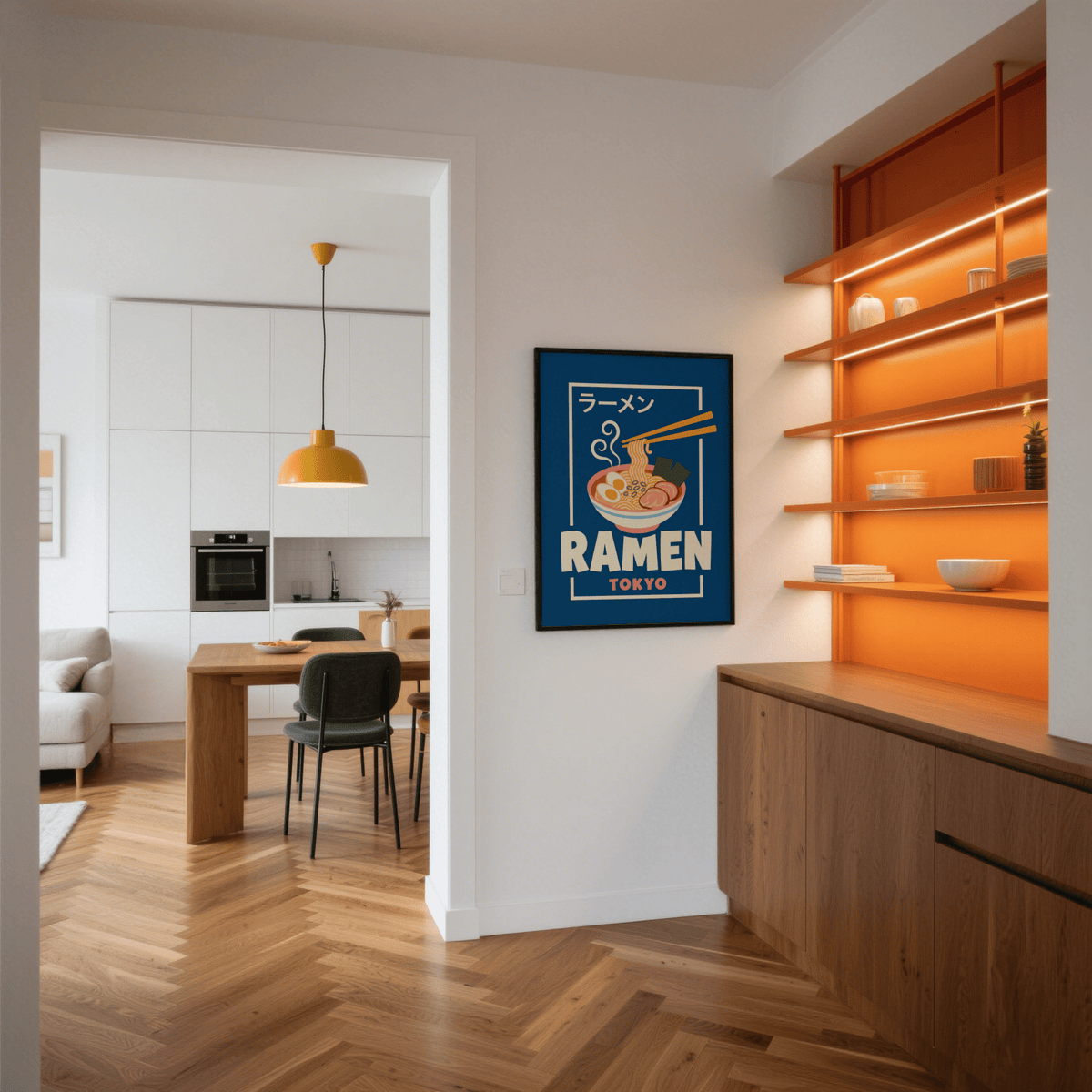 Ramen Poster with chopsticks, blue, pink detail, kitchen print