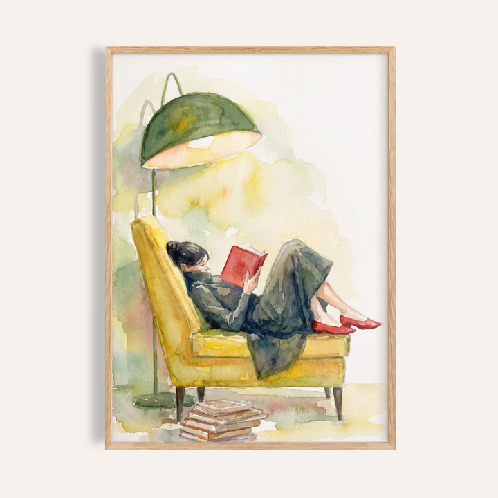 Watercolor poster of a woman reading in an armchair with floor lamp
