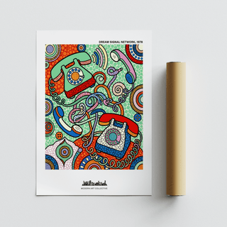 Modern graphic telephone wall art print with bold outlines and patterned fills